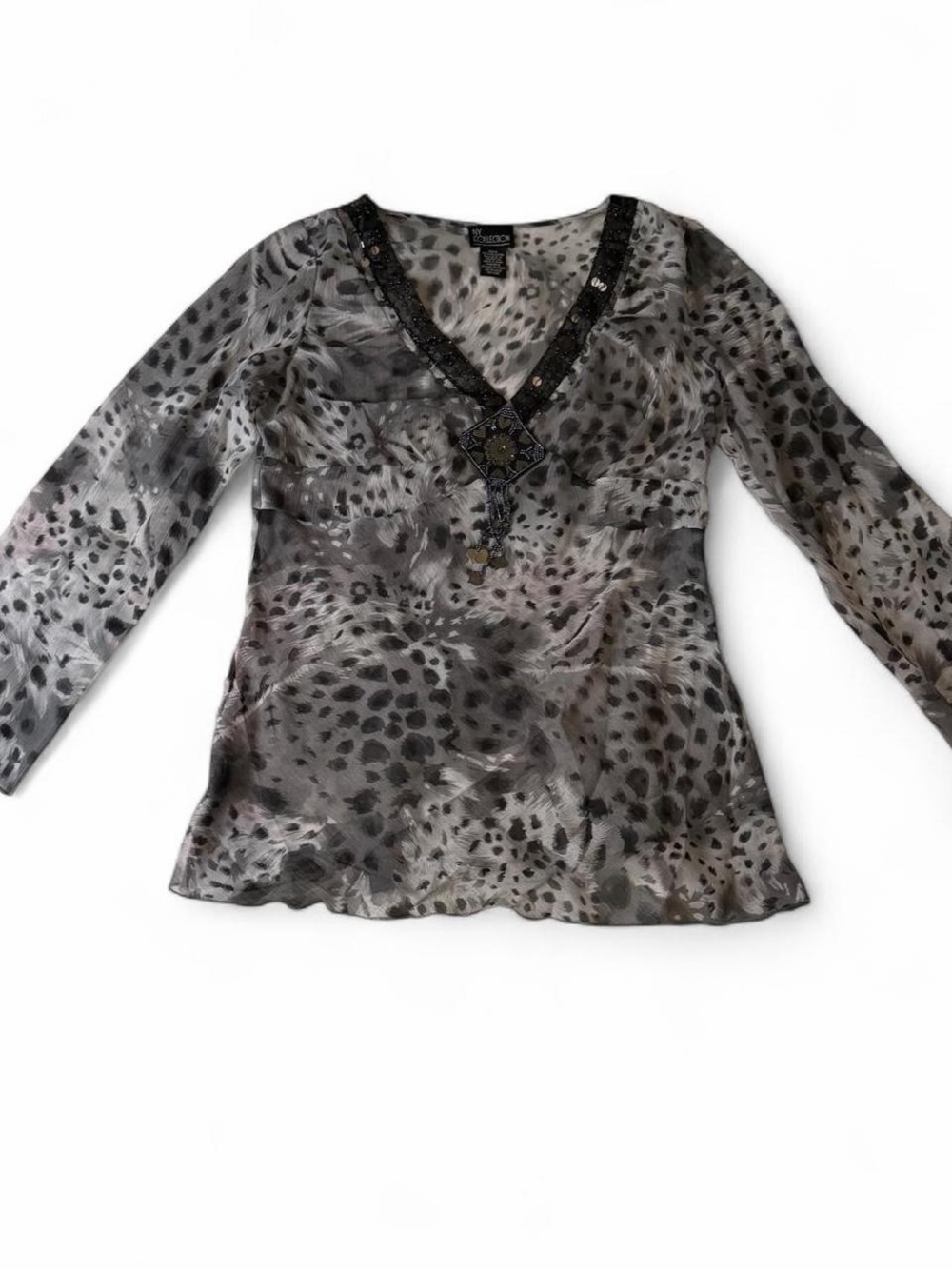 Sheer Animal-Print V-Neck Long-Sleeve Top - Gray